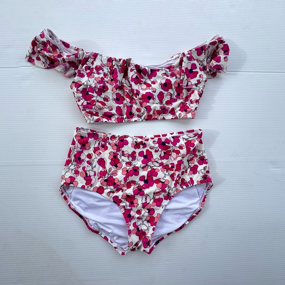 Tommy Hilfiger Floral Bikini Set Off Shoulder Top M Bottom S High Waist Swim - Picture 1 of 7
